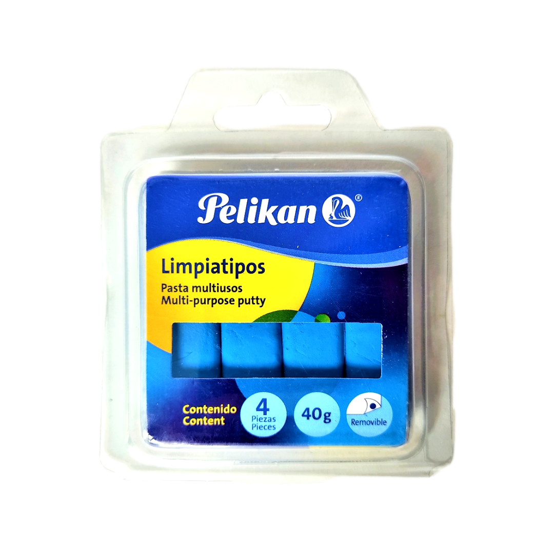 Pasta limpiatipos Pelikan 4 piezas       Blister 4 pz color azul, Pasta multiusos para limpiar y absorber  tinta fácilmente. Compuesto de aceites vegetales y cauchos naturales.                                                                                                                         .                                        - PELIKAN