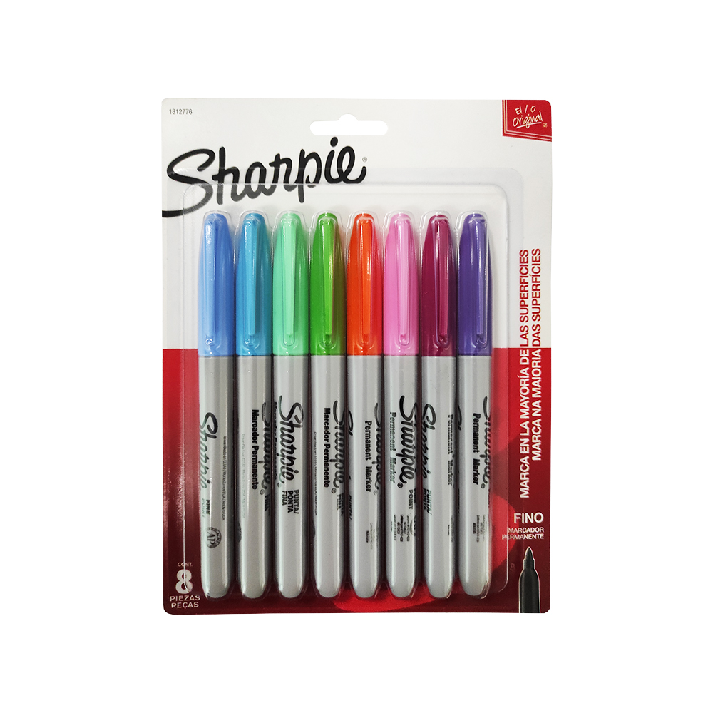 Marcador permamente Sharpie 8 piezas col Marcador permamente sharpie p/fina, estuche surtido c/8 piezas, tinta base solvente resistente al agua, pinta en superficies como vidrio, cartón, papel, madera, etc, grosor del trazo 0.9 mm                                                                   ores surtidos pastel                     - 1812776