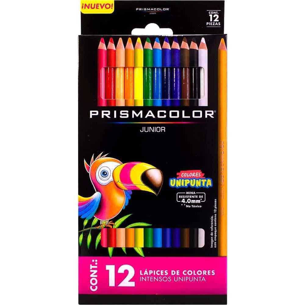 Colores Prismacolor junior triangulares  Prismacolor triangular  grueso (ergonomico) con 12 piezas: rojo, durazno, naranja, amarillo, verde claro, verde osbcuro, azul claro. Muy suave escritura. Para artistas que inician en el dobujo. Mayor cantidad de cera, mina resistente de 5.00mm             gruesos con 12 piezas                    - PRISMACOLOR