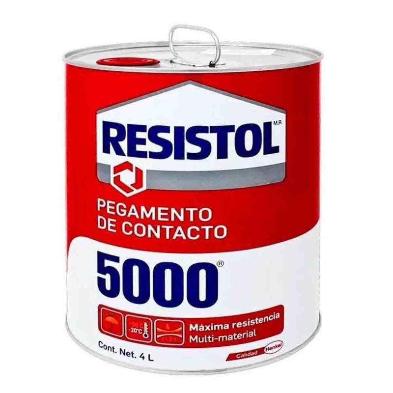 LM-Pegamento de contacto Resistol 5000 a Ideal para proyectos de armado, laminado y ensamble, pega elementos como fieltro, alfombra, madera, cuero, metal, entre otros materiales, libre de tolueno, gran fuerza de pegado, resistente a humedad y altas y bajas temperaturas, color amarillo.           marillo lata de 4 litros                 - 2373803