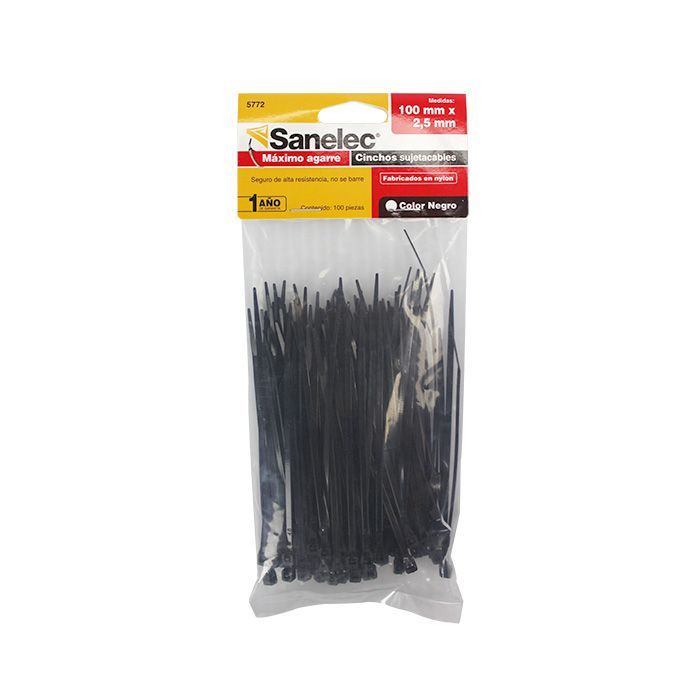 Cinchos de plástico santul 2.5 x 100mm b Bolsa con 100 cinchos plásticos color negro medidas 2.5 x 100mm marca Santul                                                                                                                                                                                    olsa de 100 pzas color negro             - 5772