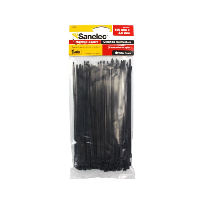 Cinchos de plástico santul 3.6 x 150mm b Bolsa con 100 cinchos plásticos color negro medidas 3.6 x 150mm marca Santul                                                                                                                                                                                    olsa de 100 pzas color negro             - 5773