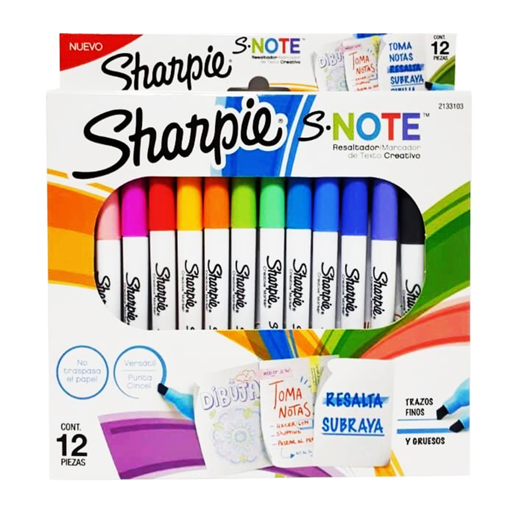 Sharpie snote punta biselada paquete con Sharpie snote 12ct. Pack asstd.  Resaltador / marcador de texto creativo. No traspasa el papel. Punta biselada: ofrece trazo grueso y fino. Resalta y subraya. Para dibujar, tomar notas, etc.                                                                  12 colores surtidos                      - SHARPIE