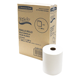 Toalla en rollo blanca Petalo de 180 m,c En rollo color blanco. caja con 6 rollos de 180 m cada uno. hjs sencilla de 19.5 cm. fabricante Kimberly clark                                                                                                                                                  aja c/6 bobinas, fluido centrico         - KIMBERLY CLARK