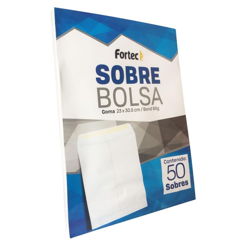 Sobre blanco engomado Fortec extraoficio Sobre tipo bolsa con solapa engomada, papel de 90 gr, escote en "V" para facilitar la manipulación de documentos, solapa con pleca guía para facilitar el cerrado del sobre, medida: 26 x 34 cm.                                                                caja con 50 piezas                       - FORTEC