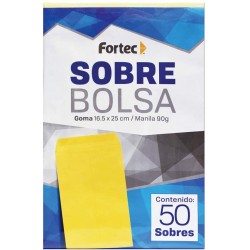 Sobre manila engomado Fortec esquela caj Sobre tipo bolsa con solapa engomada, papel de 90 gr, escote en "V" para facilitar la manipulación de documentos, solapa con pleca guía para facilitar el cerrado del sobre, medida: 16.5 x 25 cm.                                                              a con 50 piezas                          - B-16-MG