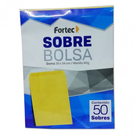 Sobre manila engomado Fortec extraoficio Sobre tipo bolsa con solapa engomada, papel de 90 gr, escote en "V" para facilitar la manipulación de documentos, solapa con pleca guía para facilitar el cerrado del sobre, medida: 26 x 34 cm.                                                                 caja con 50 piezas                      - B-26-MG