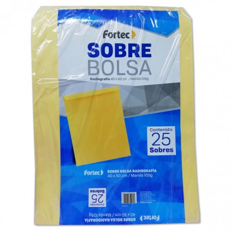 Sobre manila engomado Fortec radiografía Sobre tipo bolsa con solapa engomada, papel de 105 gr, escote en "V" para facilitar la manipulación de documentos, solapa con pleca guía para facilitar el cerrado del sobre, medida: 40 x 50 cm.                                                                caja con 25 piezas                      - B-40-RA