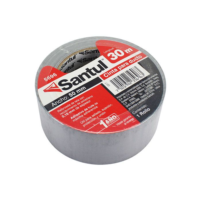 Cinta adhesiva santul para ducto 30 m Cinta para ducto, recubrimiento de polietileno reforzado con tela, ancho 50 mm, espesor 0.16 mm, adhesivo de hule sintético - SANTUL