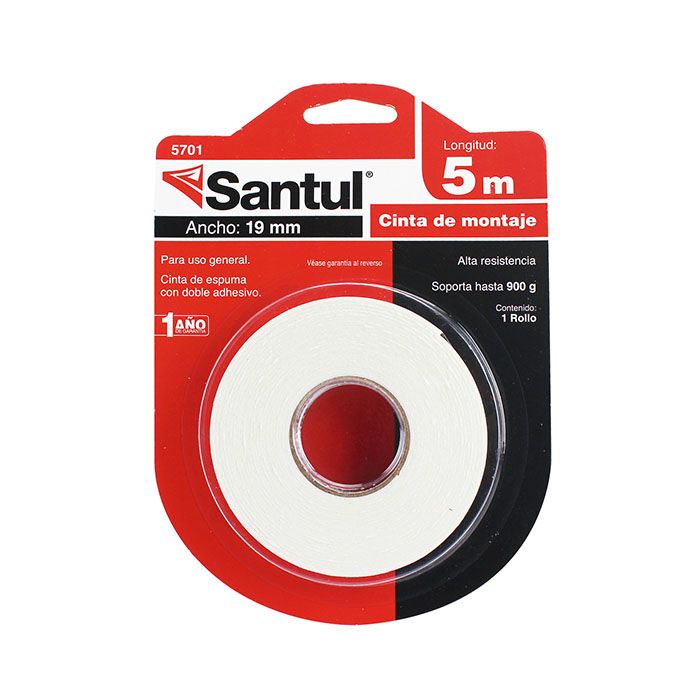 Cinta para montaje santul 5 m            Cinta de espuma. soporta hasta 900g, ancho 19mm con adhesivo doble                                                                                                                                                                                              .                                        - 5701