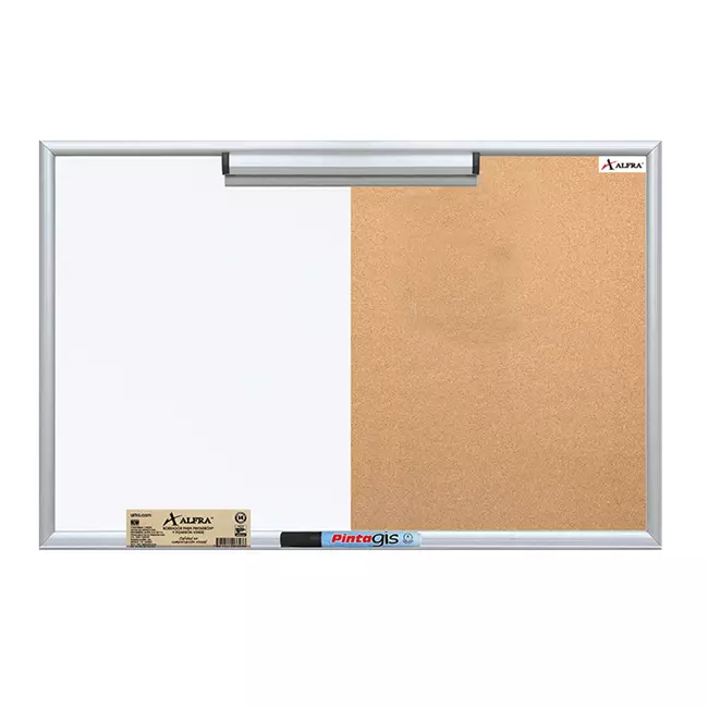 Pintarrón Clássico Alfra 60 x 90 cm      Superficie Polymer Alfra que brinda mayor durabilidad y resistencia, marco reforzado de aluminio anodizado para evitar la formación del óxido, sujeta folio para sostener documentos, charola corta montable de aluminio anodizado para la colocación de marcad .                                        - ALFRA