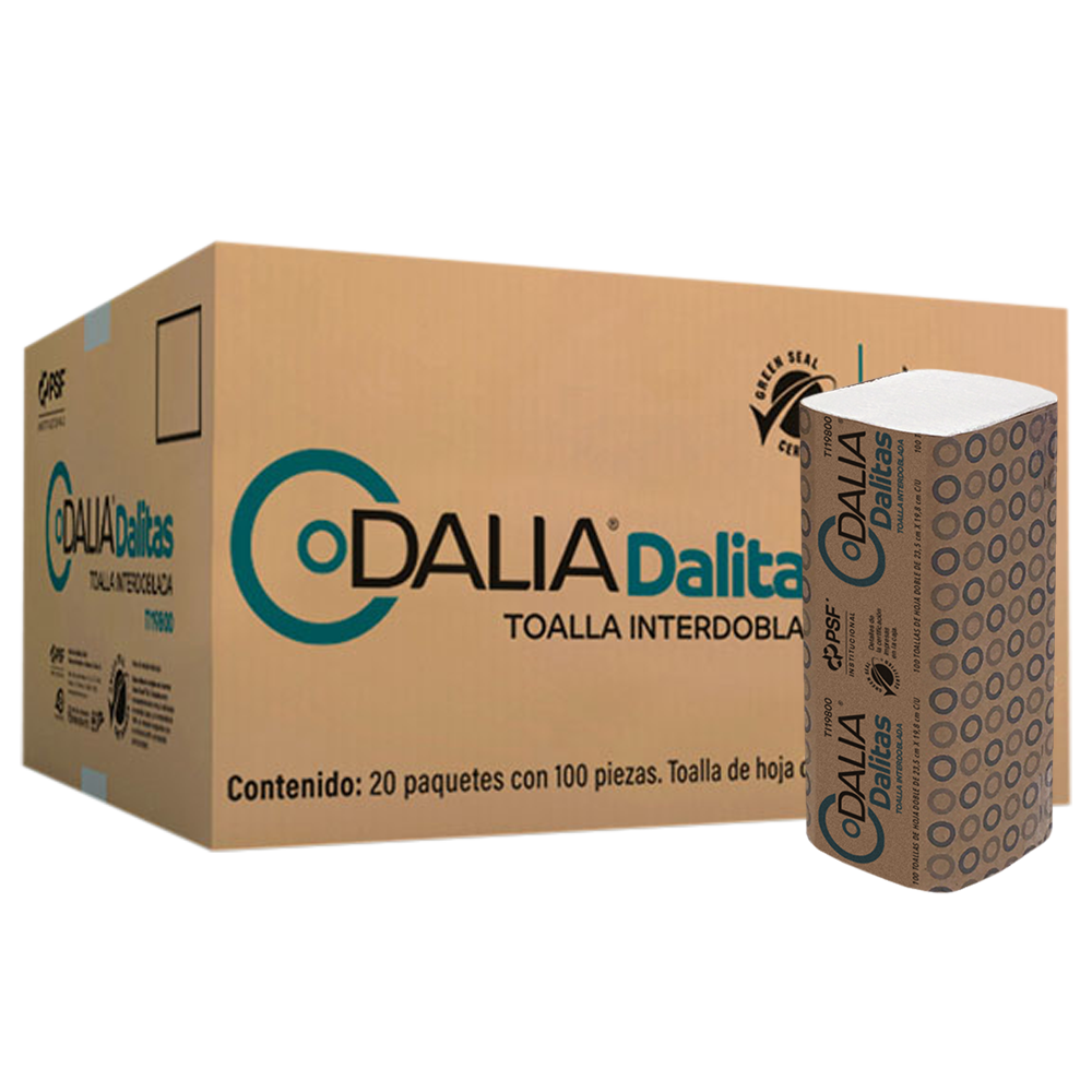 Toalla Dalia interdoblada dalitas caja c Blanca interdoblada,para manos, cja c/20 paquetes,c/100 toallas de hjs dobles de 24.1 x 19.8 cm.,2,000 servicios,certificado ecologico internacional green seal, materias primas de origen reciclado fabricante fabrica de papel san francisco.                 /20 paq de 100 hjs c/u                   - DALITAS