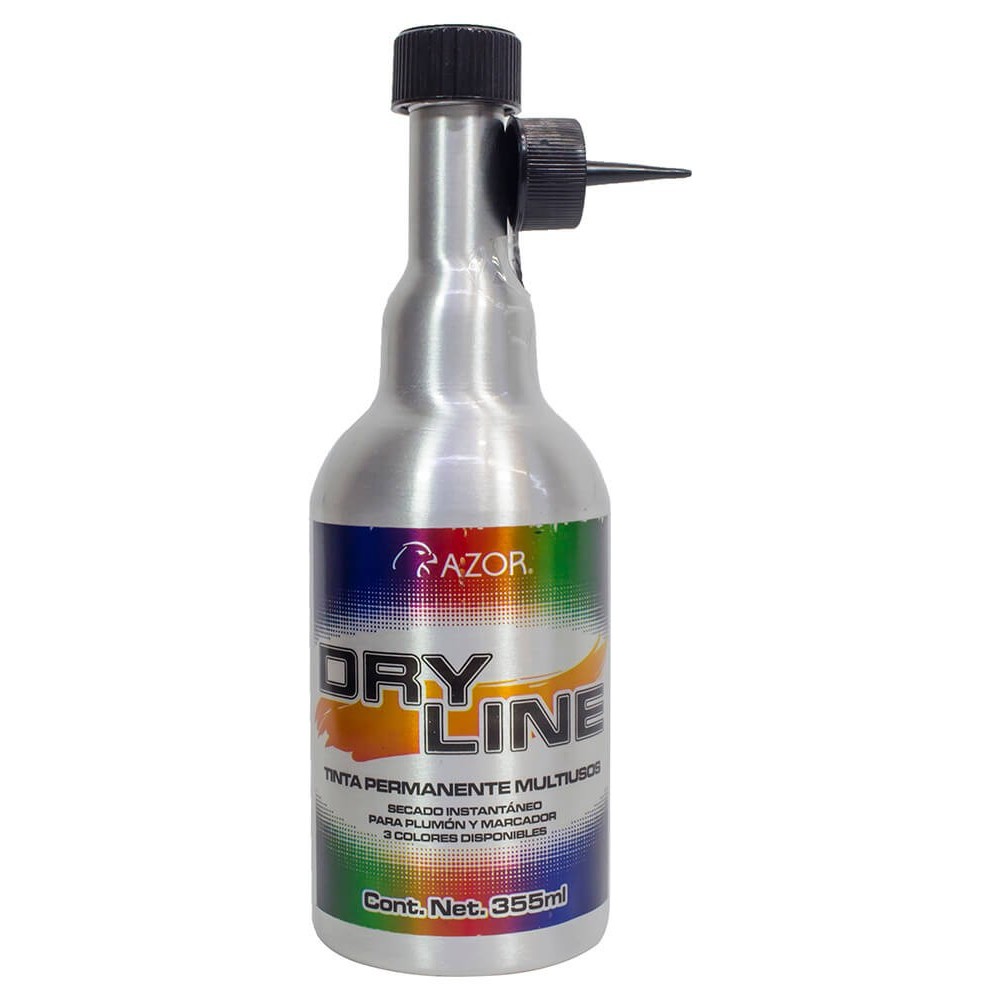 Tinta permanente Dry Line Azor color neg Tinta permanente base solvente de alto desempeño para uso rudo e industrial, envase de aluminio, para rellenar marcadores Signal Mega, aplicador tipo dosificador para su fácil aplicación, marca sobre superficies húmedas o grasosas.                         ro de 355 ml                             - 301.2075NE