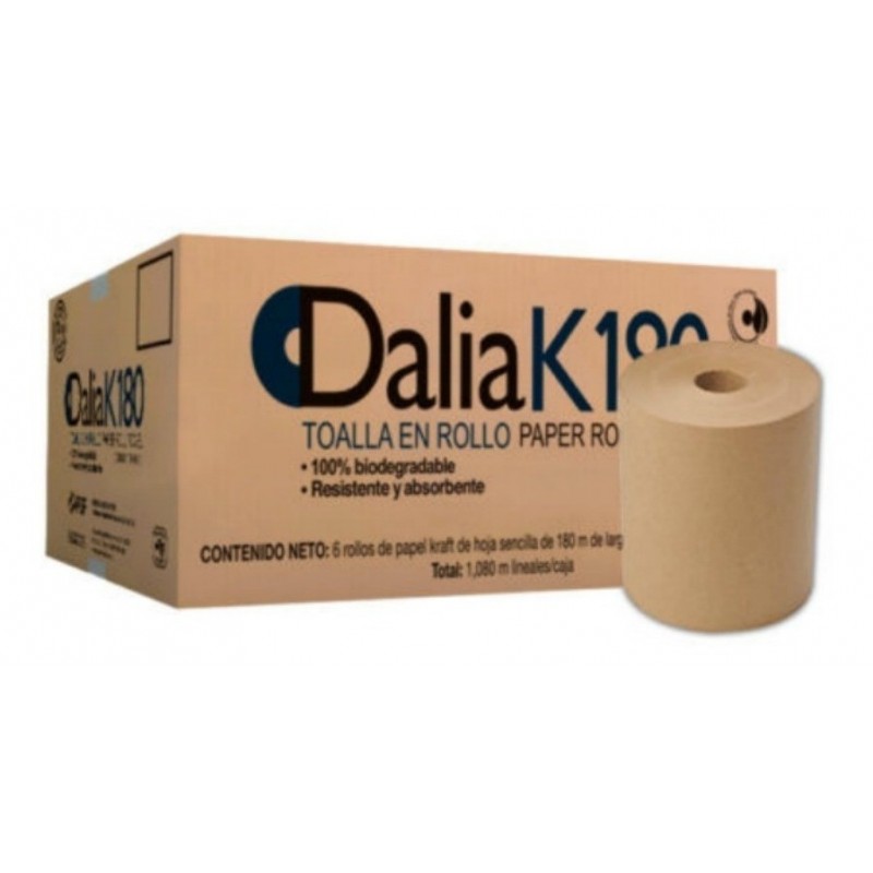 Toalla Dalia en rollo natural Dalia 180  En rollo para secado de manos,garantía de cont. y 100% biodegradable,certificado ecologico internacional green seal,origen reciclado, cja,c/6 rollos de 180m l x 905cm a, hjs sencilla c/ gofrado color natural, fabrica de papel san francisco                 m, caja c/ 6 bobinas                     - DALIA