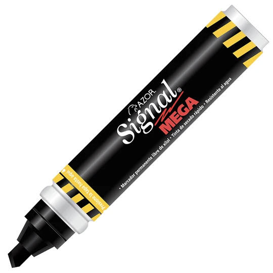 Marcador permanente Signal Mega punta ci Tinta permanente base solvente para uso rudo e industrial, barril aluminio, rellenable con tinta dry line, ideal para cualquier superficie, marca sobre superficies húmedas o grasosas, usar en áreas ventiladas, rendimiento 600 m.                            ncel 6 mm color negro caja con 6 pzas    - AZOR