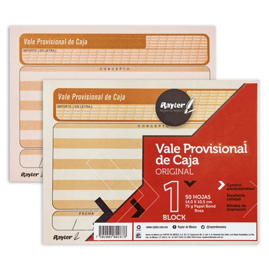 Vale provisional Rayter, tamaño carta, c Vale provisional, tamaño carta, 14 x 10.5 cm, papel bond rosa de 75 grs/m, block con 50 hojas, marca Rayter - RAYTER