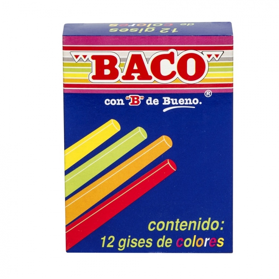 Gis Baco de 12 colores, 1 caja con 12 gi Gis cónico 85 mm de largo, no tóxico, en 12 diferentes colores. gis escolar moldeado, resistente y de excelente trazo, colores brillantes                                                                                                                       ses de colores                           - BACO