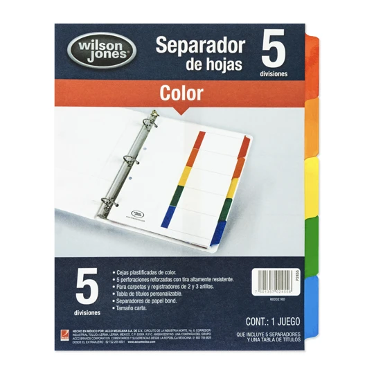 Separador Barrilito 5 divisiones tamaño  Separador tamaño carta con 5 divisiones de diferentes colores, incluye 5 etiquetas autoadheribles para personalizar, 5 perforaciones para carpetas de 3 y 3 arillos                                                                                             carta                                    - P6984