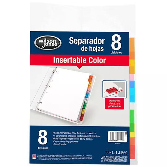 Separador insertable 8 divisiones ACCO t Separador de papel bond de 120 g, 8 divisiones, cejas insertables de color traslúcidas fáciles de personalizar, 5 perforaciones reforzadas con tira altamente resistente, compatible con mecanismo en 2 y 3 argollas                                            amaño carta                              - WILSON JONES