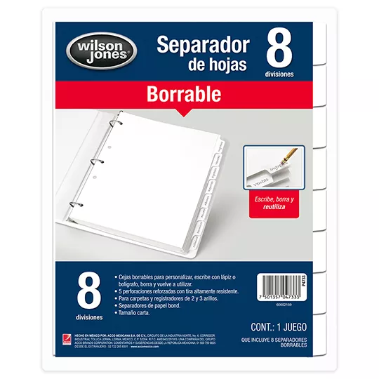 Separador borrable 8 divisiones ACCO tam Separador de papel bond de 120 g, 8 divisiones, cejas borrables para personalizar varias veces, 5 perforaciones reforzadas con tira altamente resistente, compatible con mecanismo en 2 y 3 argollas                                                            año carta                                - WILSON JONES