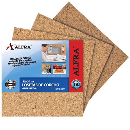 Loseta de corcho Alfra 30 x 30 cm        Grano de tamaño uniforme que permite un mayor compactado de excelente calidad y mejor sujeción, producto 100% natural, ideal para personalizar y organizar tus espacios, perfecto para manualidades, óptimo como aislante de ruido, térmico, no crea hongos o b .                                        - ALFRA