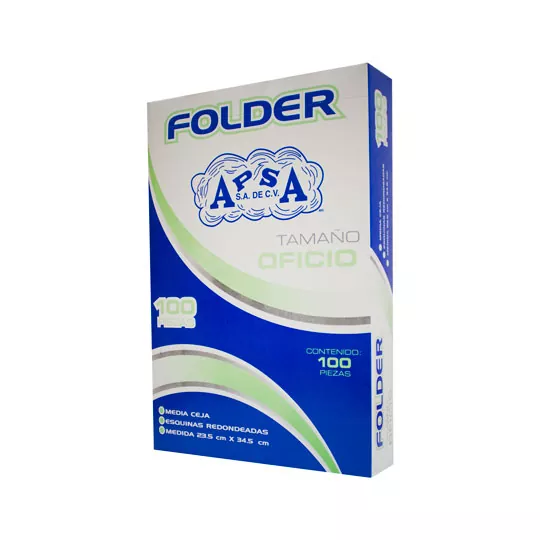 Folder crema APSA tamaño oficio  , paque Medidas 235 cm ancho x 345 cm largo, alta capacidad de almacenamiento, suaje lateral y superior para broche, guías laterales para dar dimensión y puntas redondeadas                                                                                            te con 100  piezas                       - L20FO