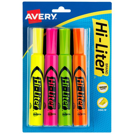 Resaltador Hi-Liter surtido 4 piezas AVE Tamaño estándar, punta cincel, cuerpo de barril, no tóxico, blíster con 4 piezas (incluye colores: verde, naranja, rosa y amarillo)                                                                                                                             RY colores surtidos fluorescentes        - AVERY