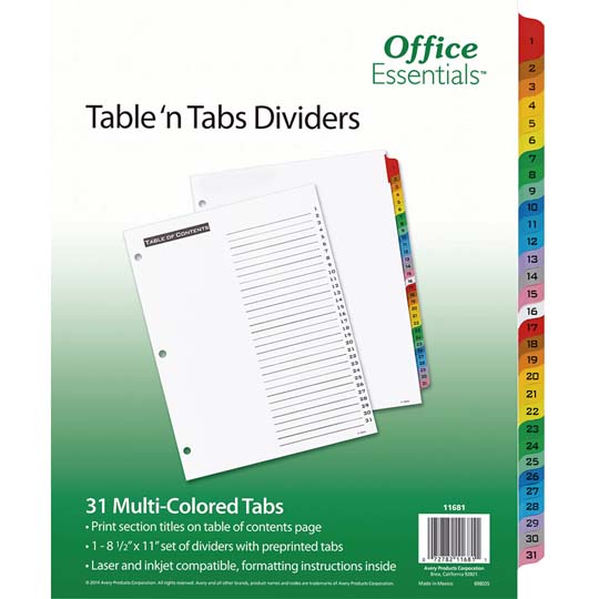 Separador blanco carta 31 divisiones AVE 31 pestañas multicolor prediseñadas del 1 al 31                                                                                                                                                                                                                 RY  tecnología laser/inkjet              - 11681