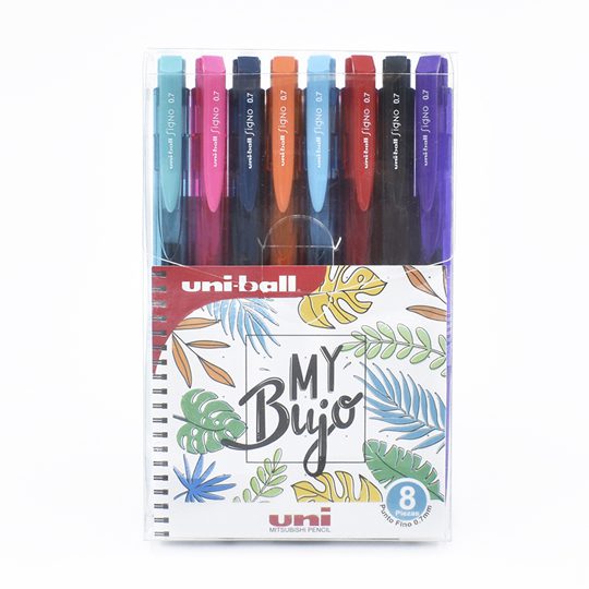 Bolígrafo fino de gel retráctil Uni-Ball Colores surtidos: violeta, azul claro, rosa, naranja, negro, rojo, azul rey y turquesa, punto fino 0.7 mm, tecnología super INK que protege contra agua, decoloración y fraude, con grip para mejor agarre, rendimiento 700 m, Tip Seal para evitar chorreo.    0.7 mm colores surtidos cartera 8 pzas   - AZOR