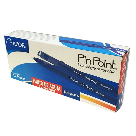 Bolígrafo fino Pin Point 0.7 mm color az Tinta azul, punto fino 0.7 mm, punta de aguja, tinta de baja viscosidad que brinda flujo instantáneo, con tapón para cordón, rendimiento 1200 m, escritura suave y continua, barril de plástico de colores traslucidos con sistema anti-rodamiento.             ul caja con 12 pzas                      - AZOR