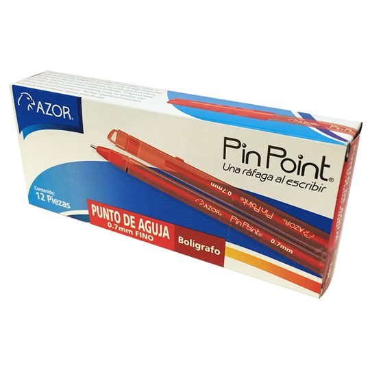 Bolígrafo fino Pin Point 0.7 mm color ro Tinta roja, punto fino 0.7 mm, punta de aguja, tinta de baja viscosidad que brinda flujo instantáneo, con tapón para cordón, rendimiento 1200 m, escritura suave y continua, barril de plástico de colores traslucidos con sistema anti-rodamiento.             jo caja con 12 pzas                      - AZOR