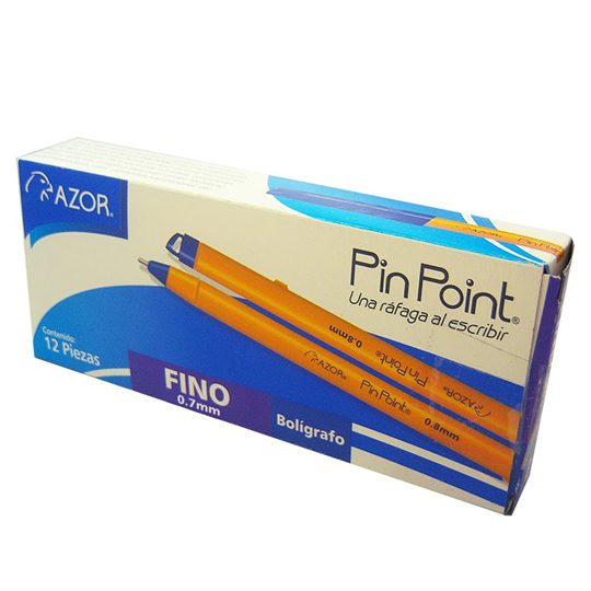 Bolígrafo fino Pin Point 0.7 mm color az Tinta azul, punto fino 0.7 mm, punta de aguja, tinta de baja viscosidad que brinda flujo instantáneo, con tapón para cordón, rendimiento 1200 m, escritura suave y continua, barril de plástico color amarillo con sistema anti-rodamiento.                     ul cuerpo amarillo caja con 12 pzas      - AZOR