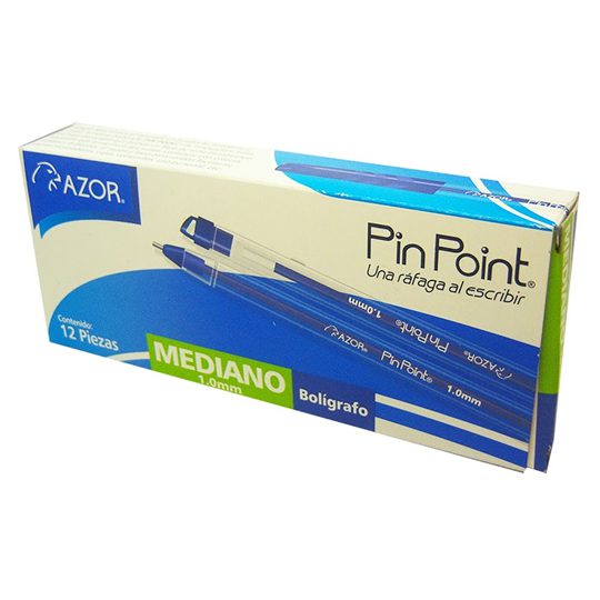 Bolígrafo mediano Pin Point 1.0 mm color Tinta azul, punto mediano 1.0 mm, punta de aguja, tinta de baja viscosidad que brinda flujo instantáneo, con tapón para cordón, rendimiento 1300 m, escritura suave y continua, barril de plástico transparente con sistema anti-rodamiento.                    azul caja con 12 pzas                    - AZOR