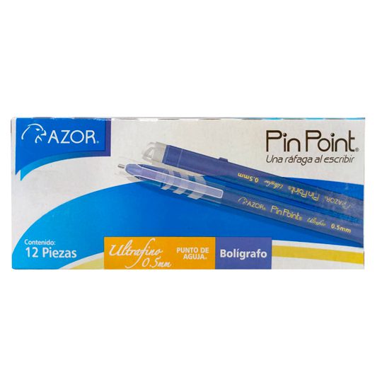 Bolígrafo ultra fino Pin Point 0.5 mm co Tinta azul, punto ultra fino 0.5 mm, punta de aguja, tinta de baja viscosidad que brinda flujo instantáneo, con tapón para cordón, rendimiento 1200 m, escritura suave y continua, barril de plástico de colores traslucidos con sistema anti-rodamiento.       lor azul caja con 12 pzas                - 301.6840AZ