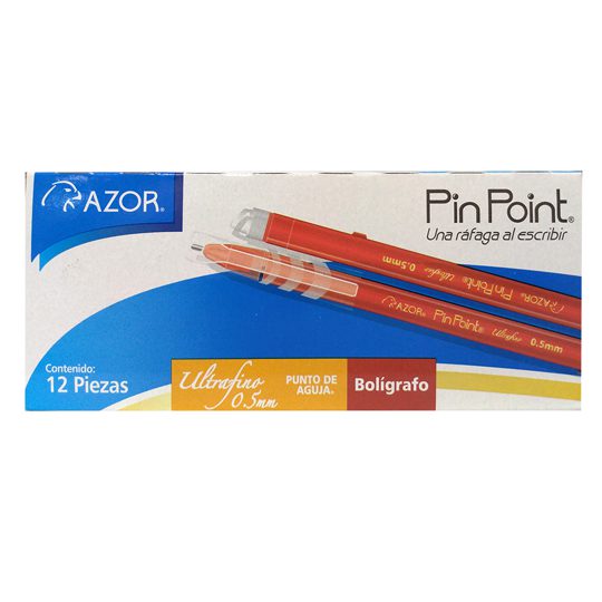 Bolígrafo ultra fino Pin Point 0.5 mm co Tinta roja, punto ultra fino 0.5 mm, punta de aguja, tinta de baja viscosidad que brinda flujo instantáneo, con tapón para cordón, rendimiento 1200 m, escritura suave y continua, barril de plástico de colores traslucidos con sistema anti-rodamiento.       lor rojo caja con 12 pzas                - PIN POINT