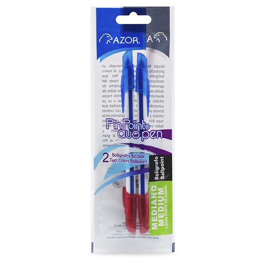 LM-Bolígrafo dúo mediano Pin Point 1.0 m Color azul-rojo, punto mediano 1.0 mm, punta de aguja, tinta de baja viscosidad que brinda flujo instantáneo, rendimiento 600 m por color, escritura suave y continua. - AZOR