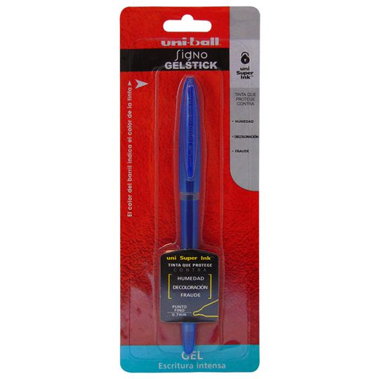 Bolígrafo antifraude fino Uni-Ball Gelst Tinta azul, punto fino 0.7 mm, tinta antifraude que no puede ser borrada, tecnología japonesa, clip metálico, tinta resistente a la humedad, no se corre.                                                                                                       ick 0.7 mm color azul blíster            - AZOR