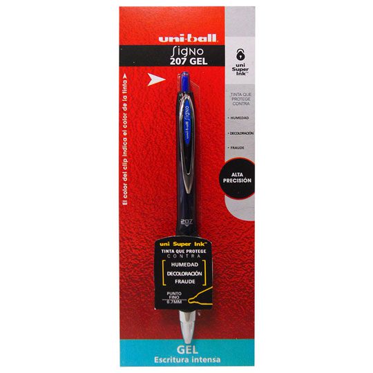 Bolígrafo antifraude Uni-Ball Signo Gel Tinta azul, punto fino 0.7 mm, tinta antifraude que no puede ser borrada, tecnología japonesa, clip metálico, tinta resistente a la humedad, no se corre. - 305.UMN207AZ1