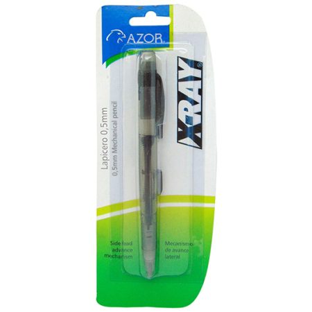 Lapicero HB Azor X-Ray 0.5 mm color negr Lapicero de 0.5 mm grado hb, punta plástica retráctil, grip ergonómico, avance lateral, la goma no mancha y se desliza suavemente, ideal para escribir sobre papel bond, cartoncillo, cascaron, albanene.                                                       o blíster                                - 301.64601