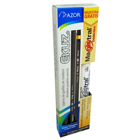 Lápiz triangular 2HB Azor Ekuz no. 2 caj Lápiz ecológico de grafito grado 2hb, diseño ergonómico triangular, fabricado con un porcentaje de resina reciclada, no se astilla, la goma no mancha y se desliza suavemente, resistente.                                                                      a con 10 pzas                            - AZOR
