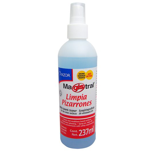 Limpiador para pizarrón Magistral bote d Para pizarrones de porcelana o melamina, antibacterial, agradable aroma a naranja, quita fantasmas y sombras que quedan como remanentes en el pizarrón, formulado con químicos que protegen y ayudan al mantenimiento del pizarrón blanco.                      e 273 ml                                 - 301.1834