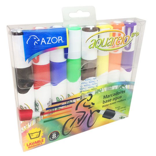 Marcador lavable Aquarelo Grip colores s Tinta base agua y lavable, punta cincel de 6 mm, barril de plástico con grip ahulado, tapa anti asfixia, ideal para trabajos escolares y artes graficas, manténgase tapado cuando no se use, no toxico, rendimiento 320 m.                                      urtidos empaque con 8 pzas               - 301.20078