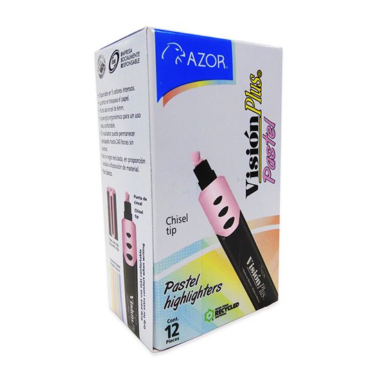 Resaltador de texto Vision Plus Pastel p Tinta base agua de alta fluorescencia, lavable, punta cincel de 6 mm, tapa anti asfixia, barril de plástico con grip ahulado, ideal para usarse en todo tipo de papel o superficie absorbente, no toxico, rendimiento de 450 m.                                 unta cincel 6 mm rosa caja con 12 pzas   - AZOR