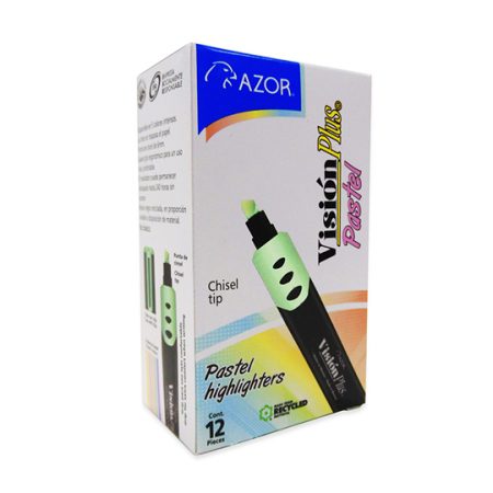 Resaltador de texto Vision Plus Pastel p Tinta base agua de alta fluorescencia, lavable, punta cincel de 6 mm, tapa anti asfixia, barril de plástico con grip ahulado, ideal para usarse en todo tipo de papel o superficie absorbente, no toxico, rendimiento de 450 m.                                 unta cincel 6 mm verde caja con 12 pzas  - 301.2600VEP