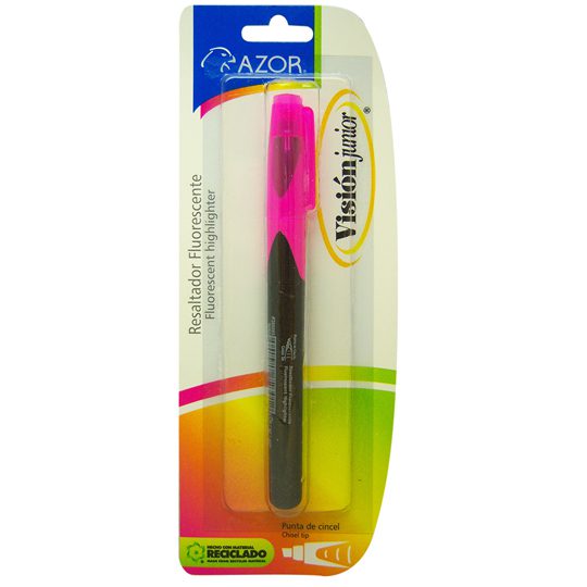 Resaltador de texto Vision Jr. punta cin Tinta base agua de alta fluorescencia, lavable, punta cincel de 4 mm, tapa anti asfixia, barril de plástico con grip ahulado, ideal para usarse en todo tipo de papel o superficie absorbente, no toxico, rendimiento de 350 m.                                 cel 4 mm color rosa blíster              - 301.2810RS