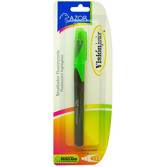 Resaltador de texto Vision Jr. punta cin Tinta base agua de alta fluorescencia, lavable, punta cincel de 4 mm, tapa anti asfixia, barril de plástico con grip ahulado, ideal para usarse en todo tipo de papel o superficie absorbente, no toxico, rendimiento de 350 m.                                 cel 4 mm color verde blíster             - AZOR