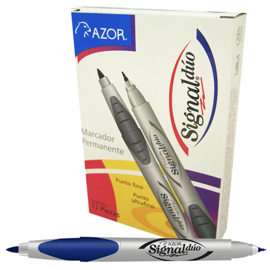 Marcador permanente Signal Dúo doble pun Tinta base alcohol, doble punta bala con trazo fino: 1.5 mm y ultrafino: 0.5 mm, permanente en casi cualquier superficie, secado rápido, resistente al agua, barril plástico con grip ahulado, ideal para marcar en cualquier superficie, no toxico.            ta bala color azul caja con 12 pzas      - AZOR