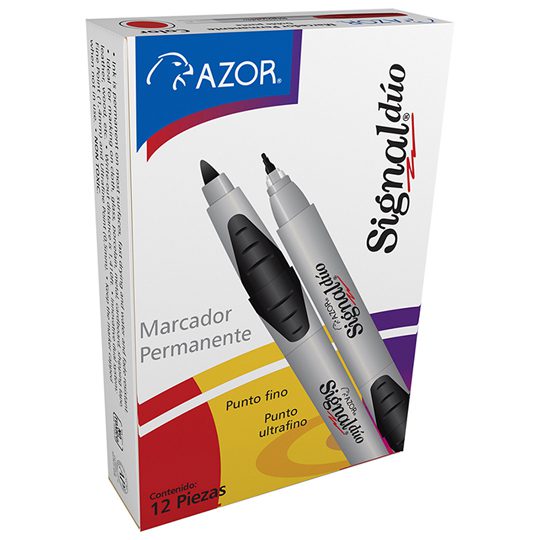 Marcador permanente Signal Dúo doble pun Tinta base alcohol, doble punta bala con trazo fino: 1.5 mm y ultrafino: 0.5 mm, permanente en casi cualquier superficie, secado rápido, resistente al agua, barril plástico con grip ahulado, ideal para marcar en cualquier superficie, no toxico.            ta bala color rojo caja con 12 pzas      - 301.3300RO