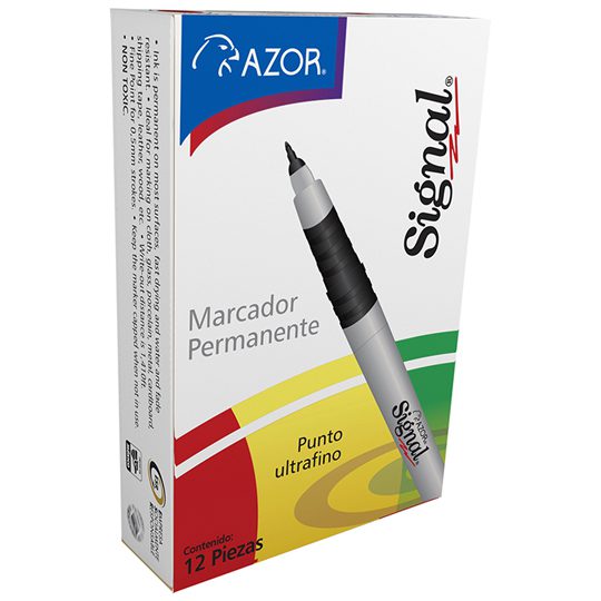 Marcador permanente ultra fino Signal 0. Tinta base alcohol, permanente en casi cualquier superficie, secado rápido, resistente al agua, barril plástico con grip ahulado, ideal para marcar sobre vidrio, porcelana, metal, tela, madera, cartoncillo, rendimiento de 460 m.                            5 mm color negro caja con 12 pzas        - AZOR