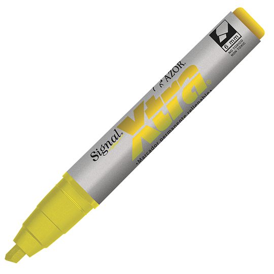 Marcador permanente Signal Xtra punta ci Tinta base alcohol, permanente en casi cualquier superficie, secado rápido, resistente al agua, barril plástico, rellenable con cartuchos de 1.7 c.c., ideal para marcar sobre cualquier superficie, no toxico, rendimiento 300 m.                              ncel 6 mm amarillo caja con 12 pzas      - AZOR